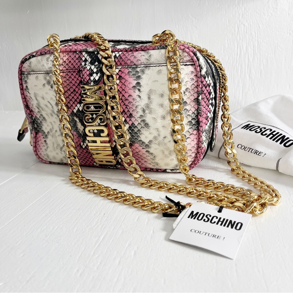 Moschino Logo Snakeskin Print Leather Shoulder Bag NWT Pink Multi